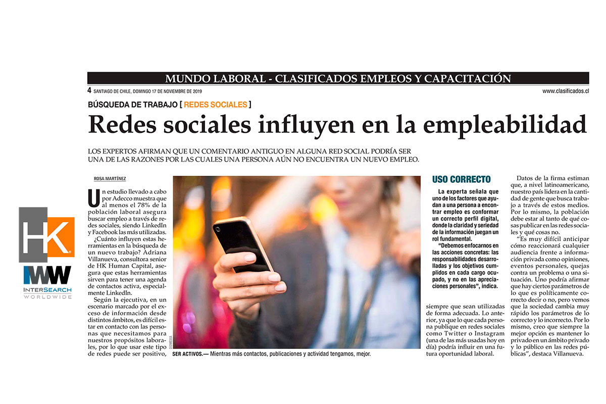 "Redes sociales influyen en la empleabilidad", El Mercurio, cuerpo Mundo Laboral, página 4, domingo 17 de noviembre de 2019.